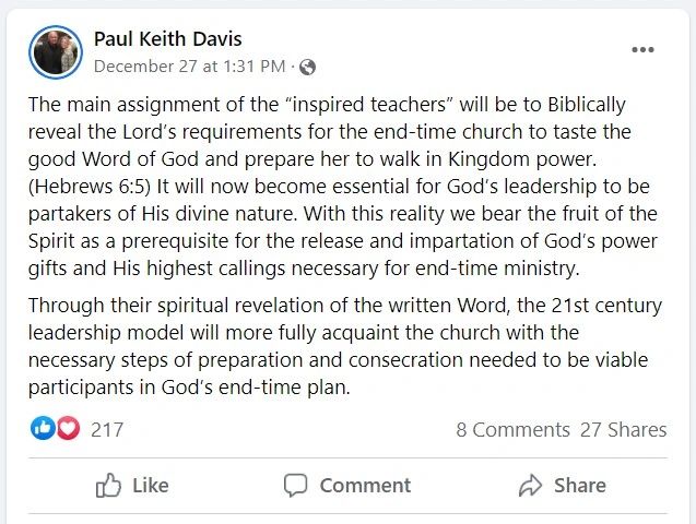 Paul Keith Davis Facebook post December 2,2021