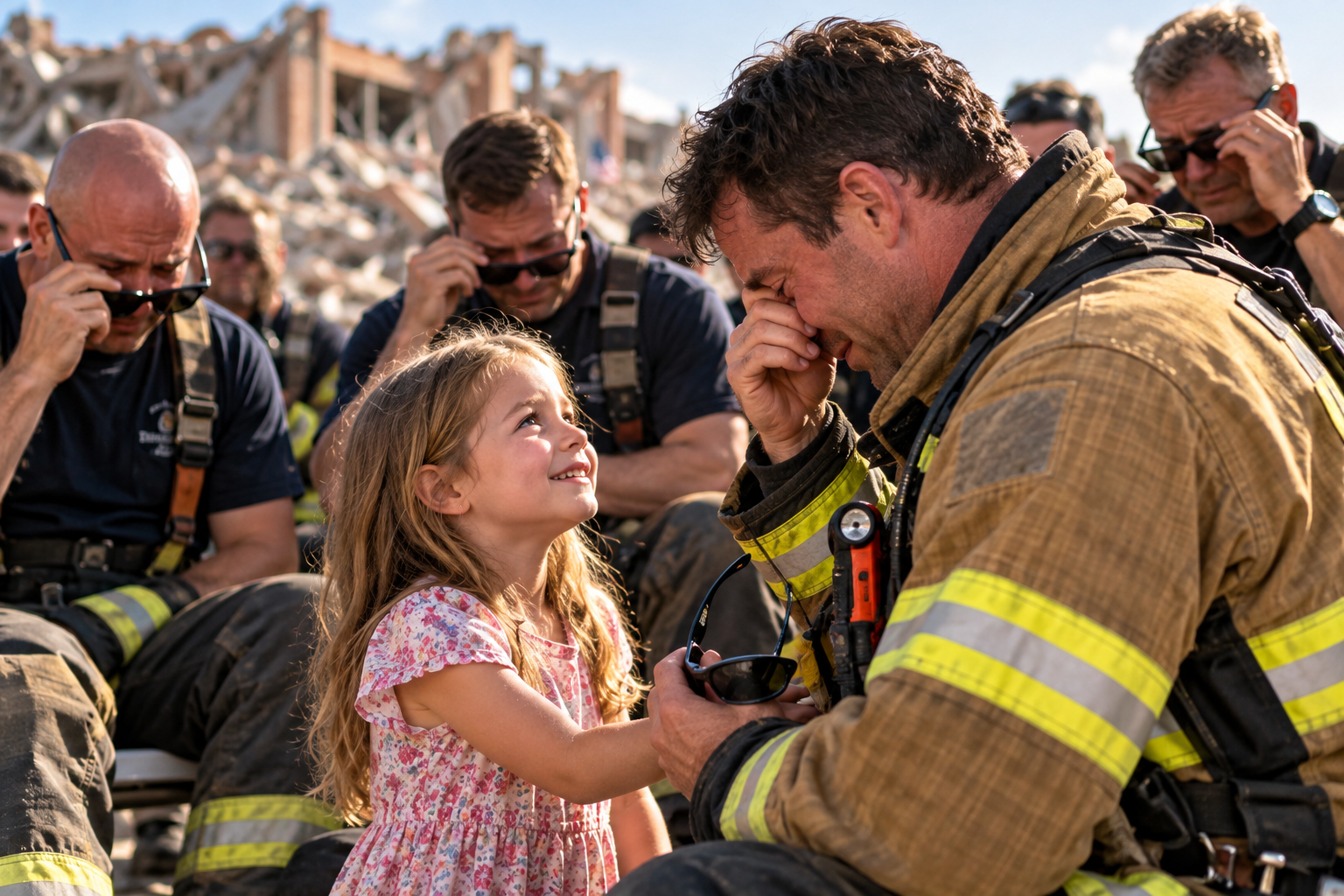 A little girl looking up with gratitude at a tearful firefighter, surrounded by first responders